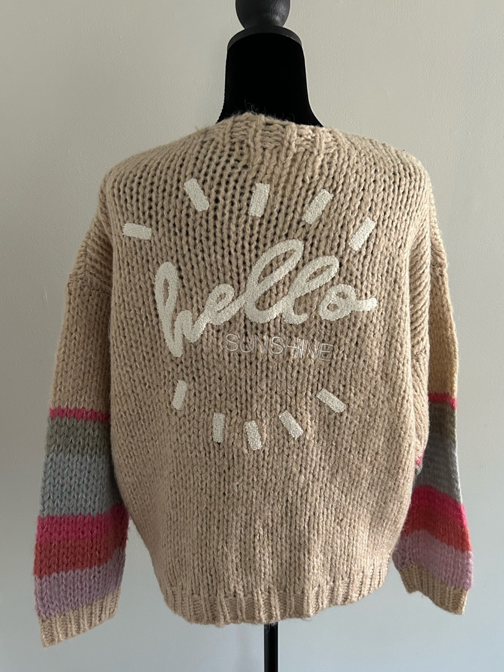 saltwater LUXE Beige Chunky Knit Sweater with Pink & Gray Sleeve Stripes